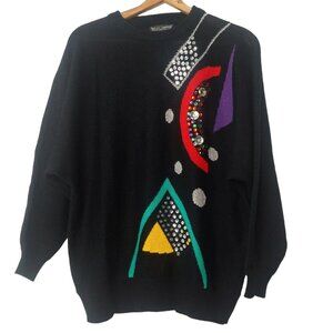 Vintage Helen Harper Size 44 Large Sweater Black Beaded Sequin Geometric Korea